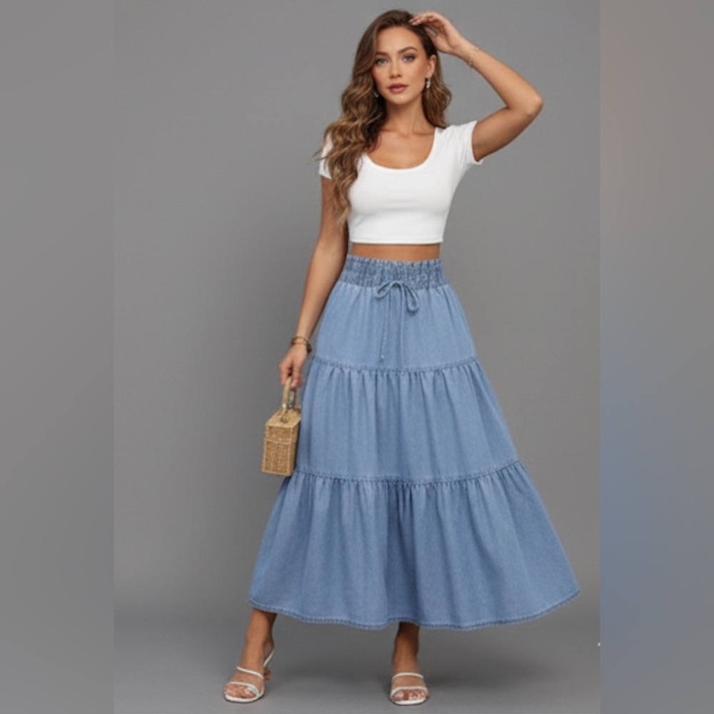 Boho Ruffle Hem Shirred Waist Denim Midi Skirt - Picture 3 of 9